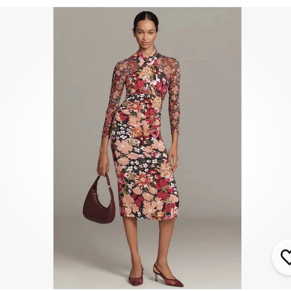 NWT Anthropologie Long-Sleeve Halter Mesh Midi Dress XXS 2XS Floral Pink